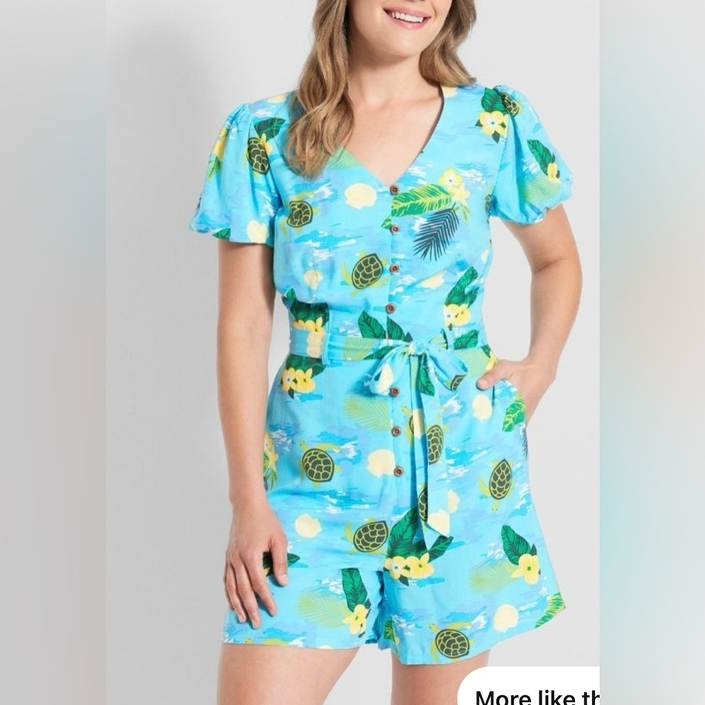ModCloth X Collectif|Sea Turtle Wave Romper in blue critters/floral tropical•XL